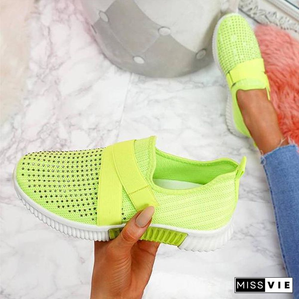 Women Fashion Bling Rhinestones Flyknit Fabric Slip On Breathable Platform Sneakers