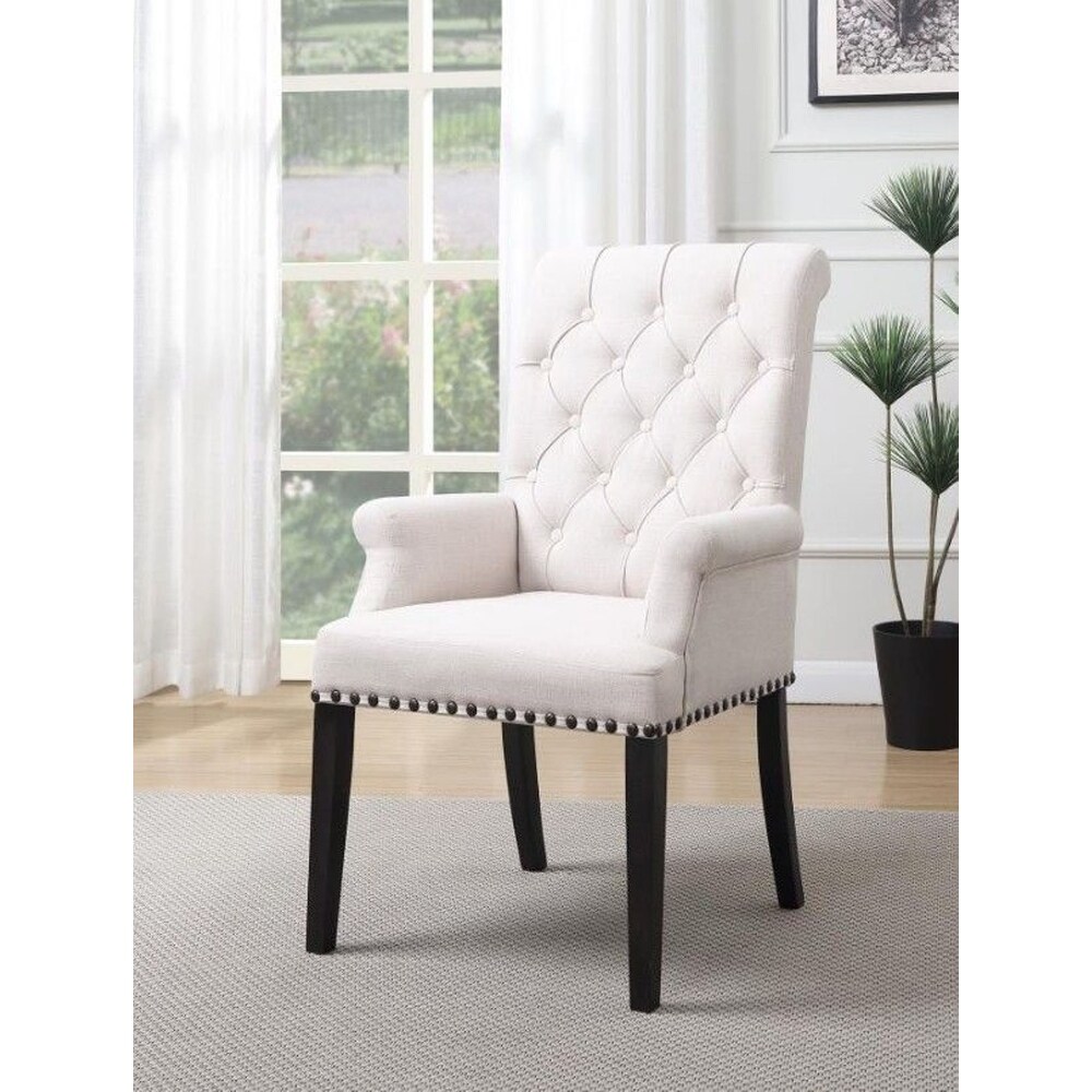 Decorative Rolled Button Beige Tufted Arm Chair with Nailhead Trim