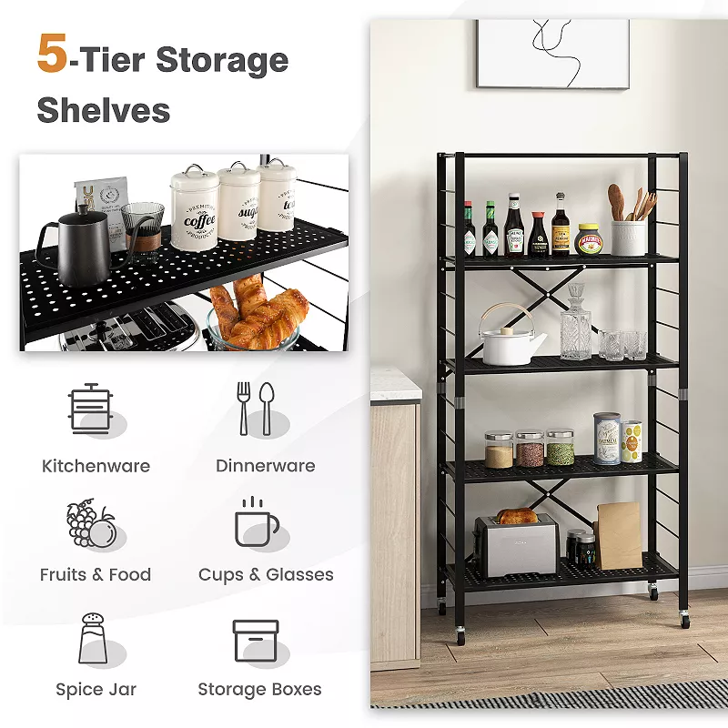 5-tier Adjustable Shelves With Wheels For Garage Kitchen Balcony