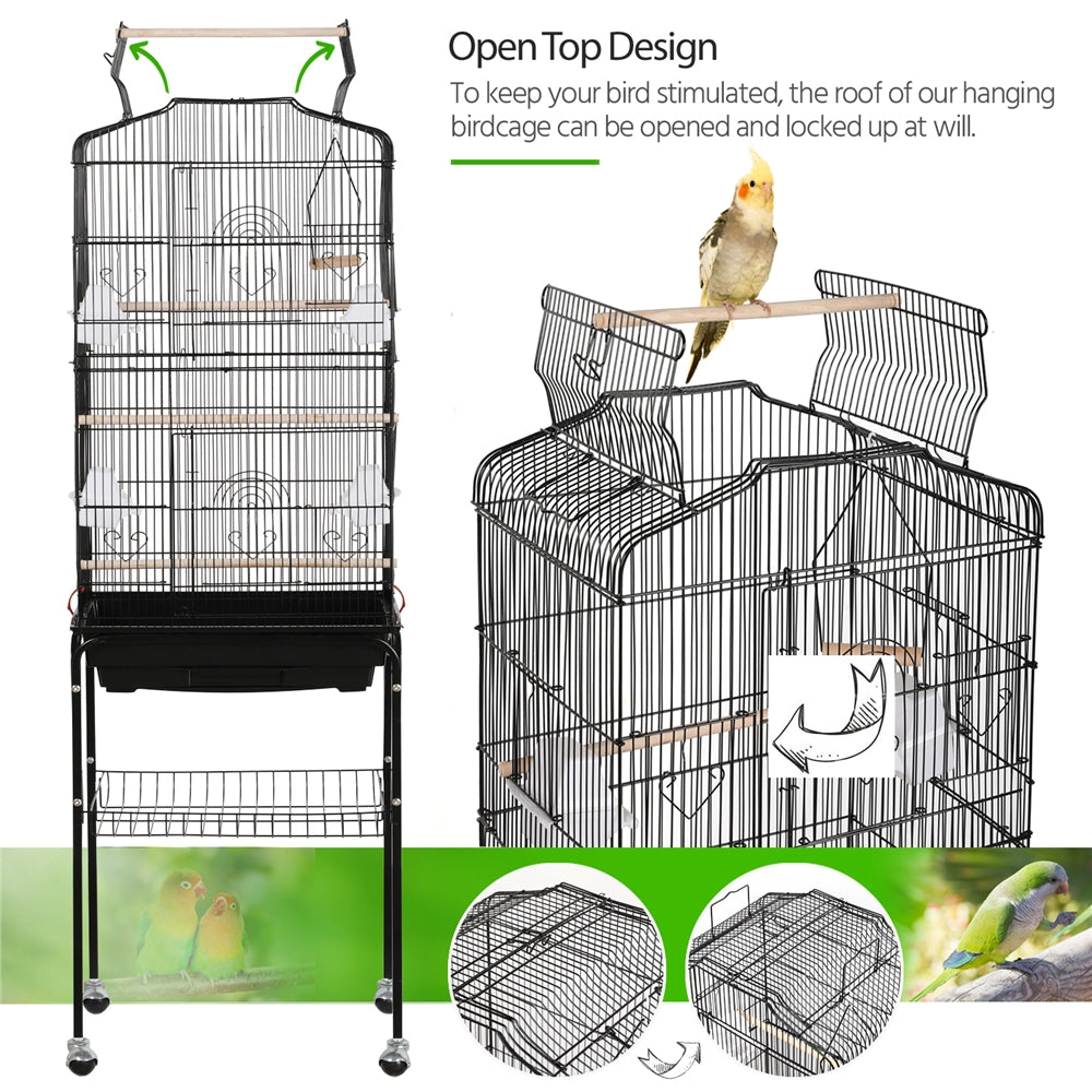 Topeakmart 64''H Open Top Metal Birdcage Rolling Parrot Cage with Detachable Stand， Black