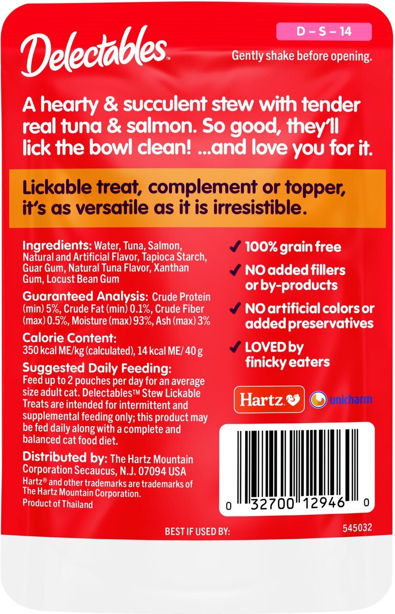 Hartz Delectables Stew Tuna and Salmon Pack Lickable Cat Treats， 1.4-oz pouch， 12 count