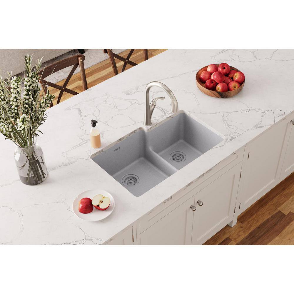 Elkay Quartz Classic Greystone Quartz 33 in. 6040 Double Bowl Undermount Kitchen Sink with Aqua Divide ELGULBO3322GS0