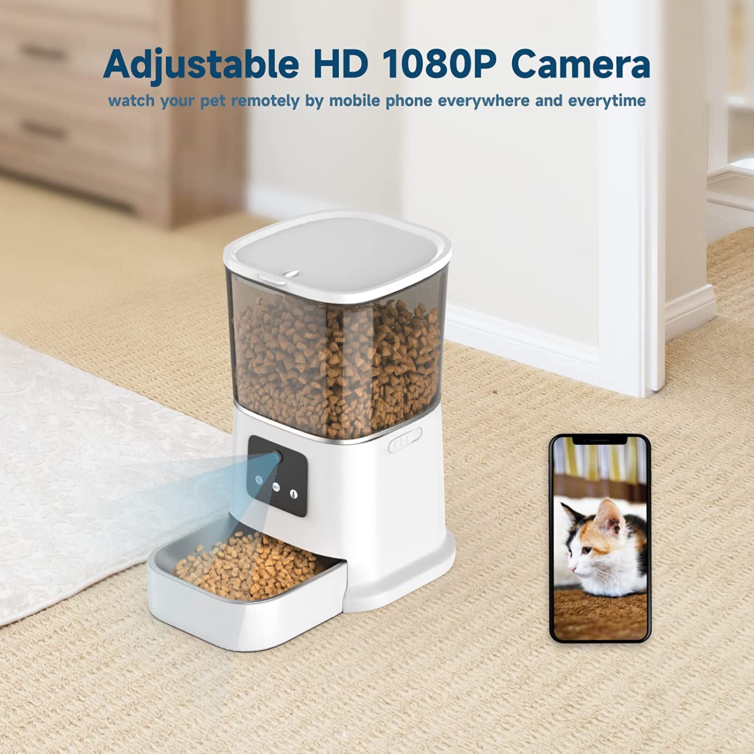 Automatic Cat Feeder with Camera， 6L WiFi Smart Pet Feeder with APP Control， Timed Dog Food Dispenser， Voice Recording， Stainless Steel Bowl， Up to 20 Portions 8 Meals Per Day