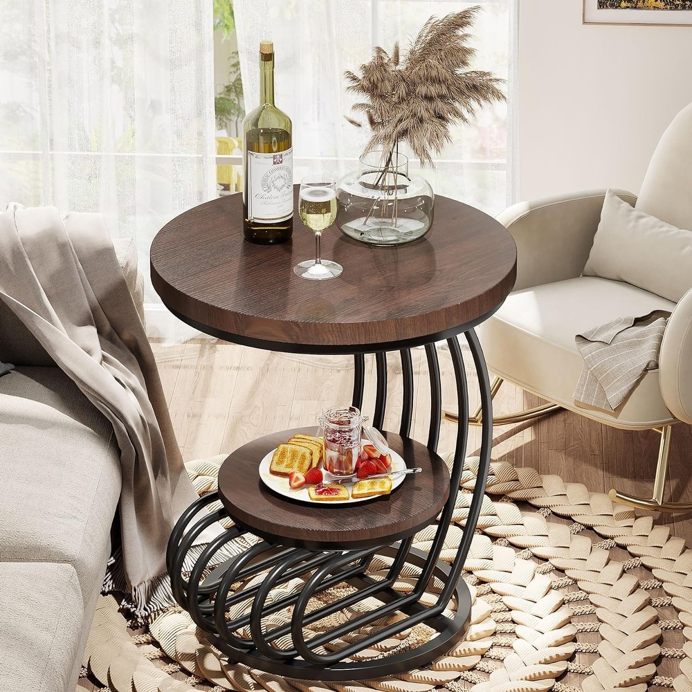 2 Tiers Round End Table  Side Table with Storage Shelf for Living Room