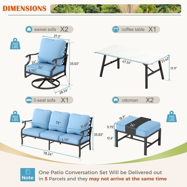 MAISON ARTS 6/7Piece Patio Conversation Sets，Sofa Set with 2/4 x Single Chairs，1 x 3seater Sofa and Coffee Table/Ottomans