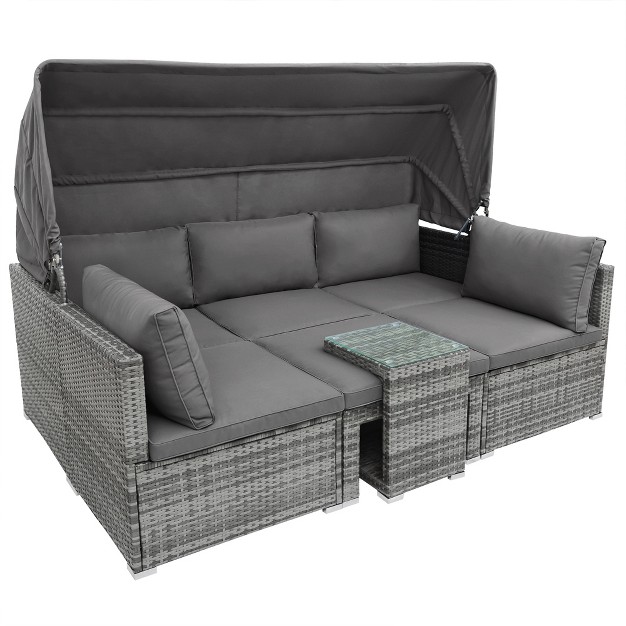 5 Pcs Outdoor Sectional Rattan Daybed Sofa Set Patio Pe Wicker Conversation Furniture Set With Canopy And Tempered Glass Side Table Gray modernluxe