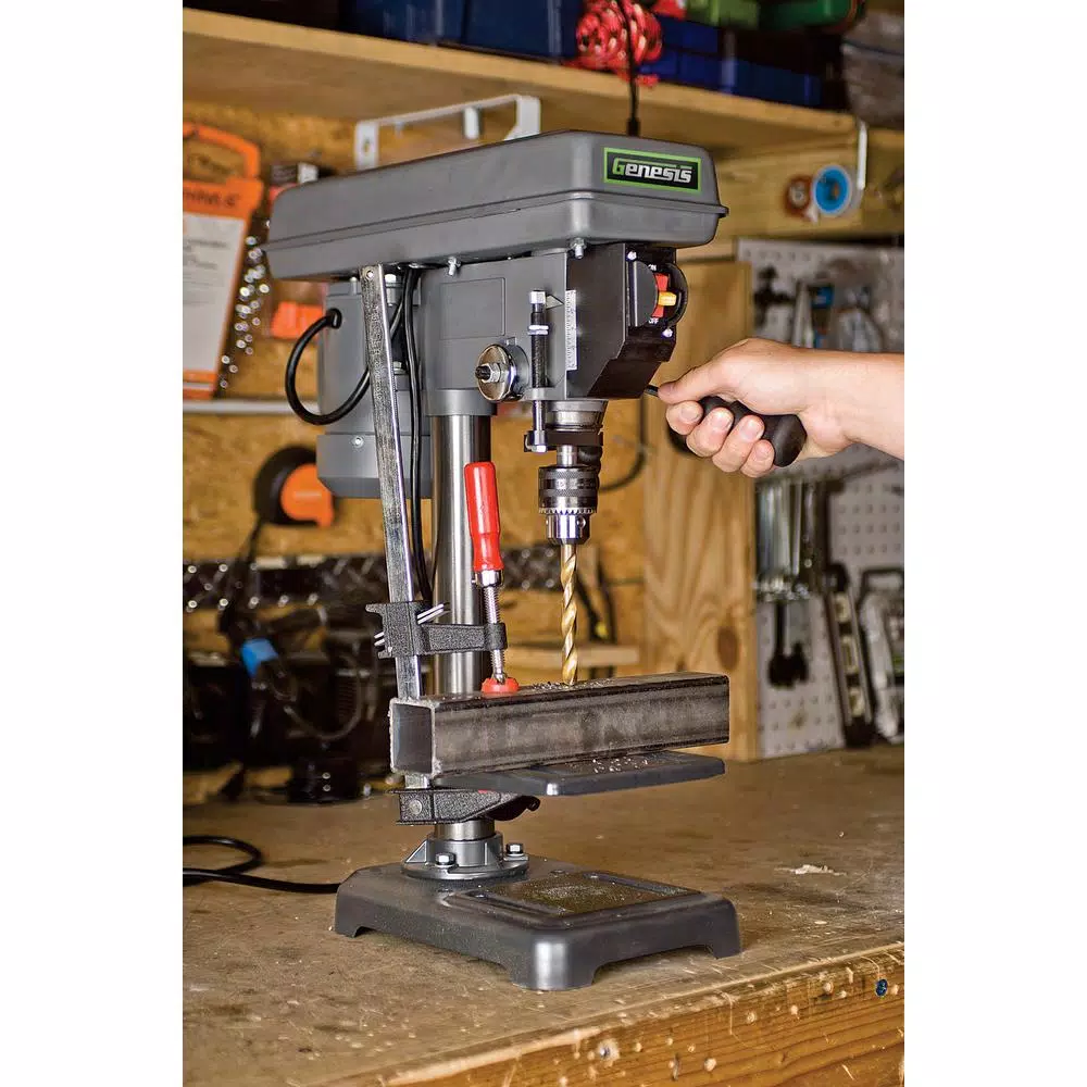 Genesis 2.6 Amp 8 in. 5-Speed Drill Press with 1/2 in. Chuck， Adjustable Depth Stop， Tilt Table and Chuck Key and#8211; XDC Depot