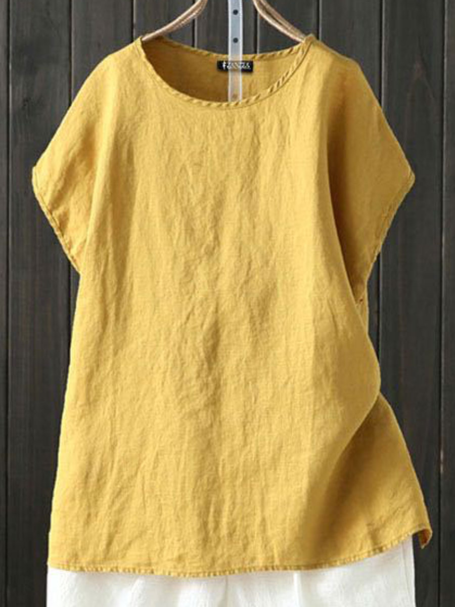 Round Neck Casual Loose Solid Color Short-sleeved Blouse