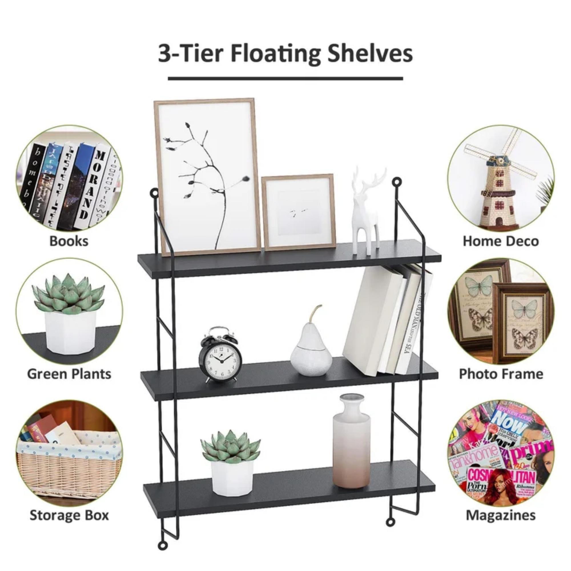 Wall Shelf Floating Shelves Black Floating Shelves, Wall Storage 19''x6''x25'', 3 Tier Shelf Wall Rack Holder Rack for Room/Kitchen/Office/Bathroom, White