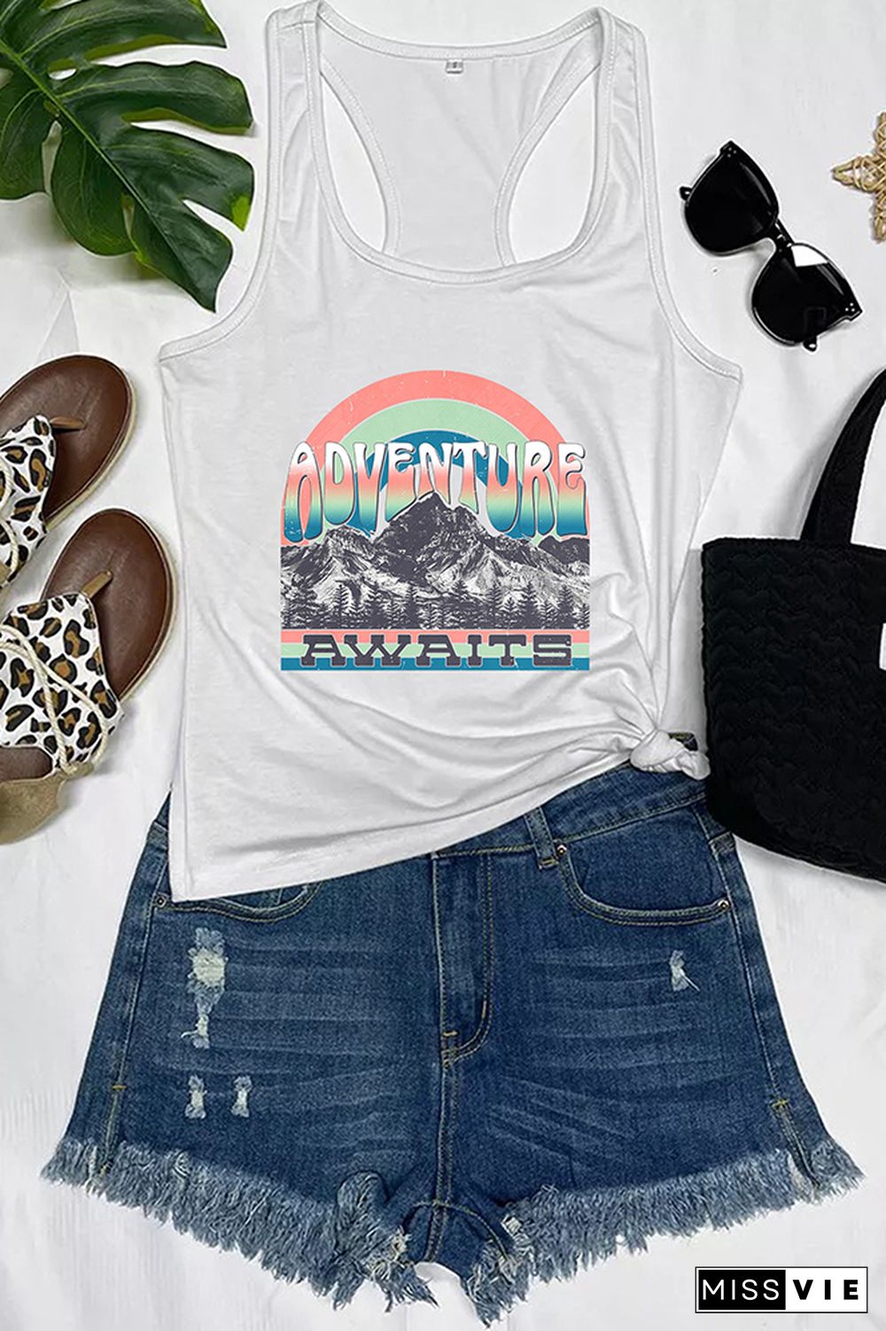 Adventure Awaits Mountains Blue Print Sleeveless Tank Top Wholesale