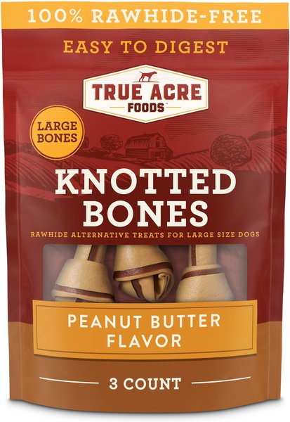 True Acre Foods Rawhide-Free Knotted Bones Peanut Butter Flavor Treats， Large， 3 count