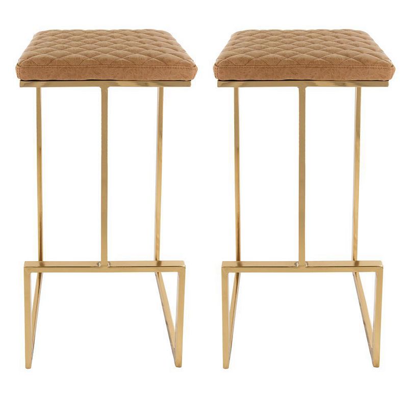 LeisureMod Quincy Leather Bar Stools With Gold Metal Frame Set of 2