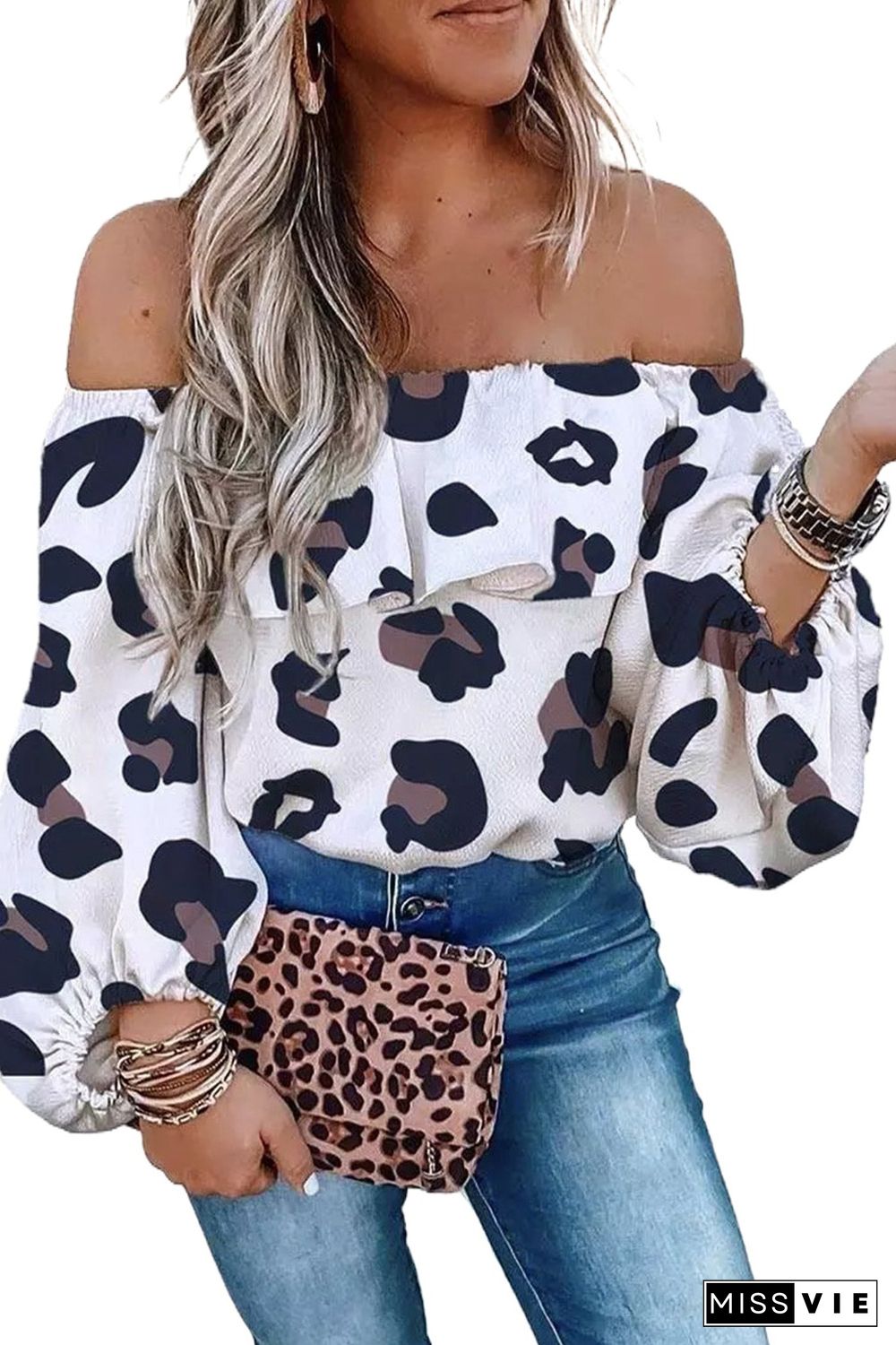 Leopard Off Shoulder Long Sleeve Blouse