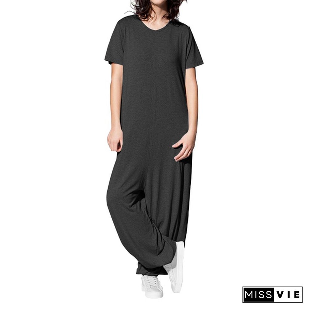 Women Short Sleeve Solid Jumpsuit Casual Loose Baggy Oversized Culottes Playsuit