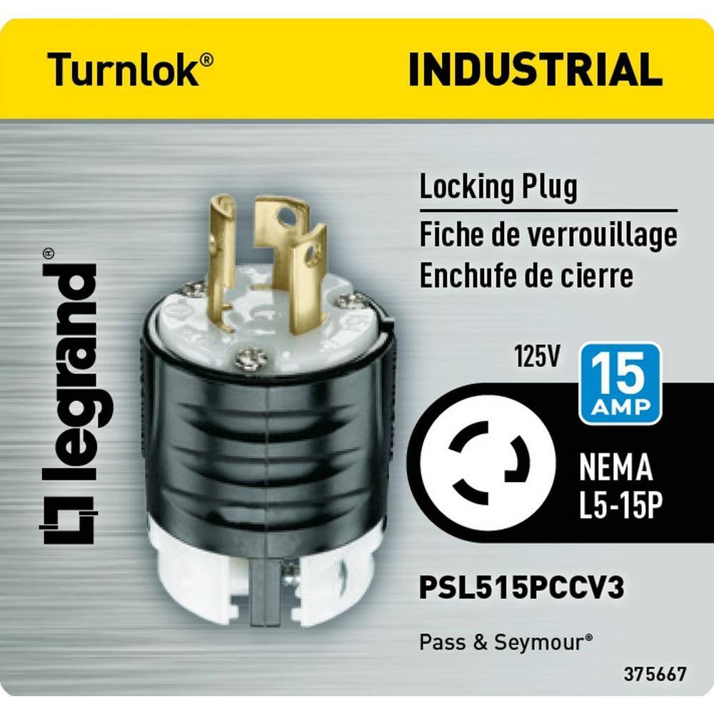 Legrand Pass  Seymour Turnlok 15 Amp 125-Volt NEMA L5-15P Locking Plug PSL515PCCV3