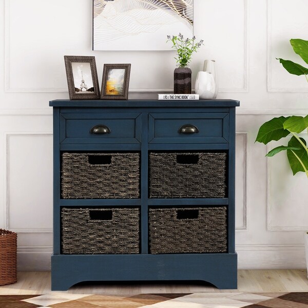 Rustic Storage Cabinet with Two-Drawer and Four Classic Rattan Basket