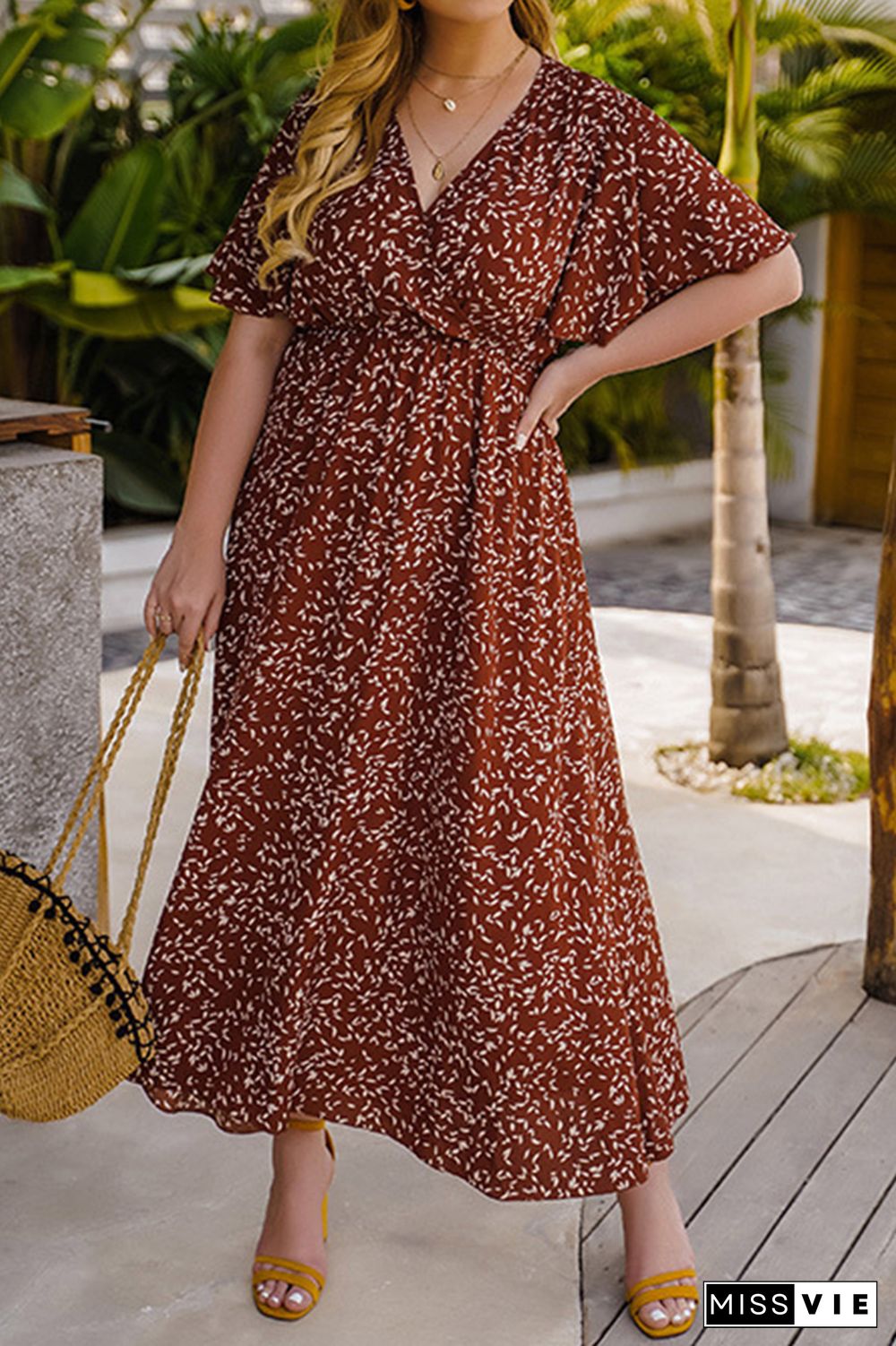 Wrap V Neck Floral Plus Size Maxi Dress