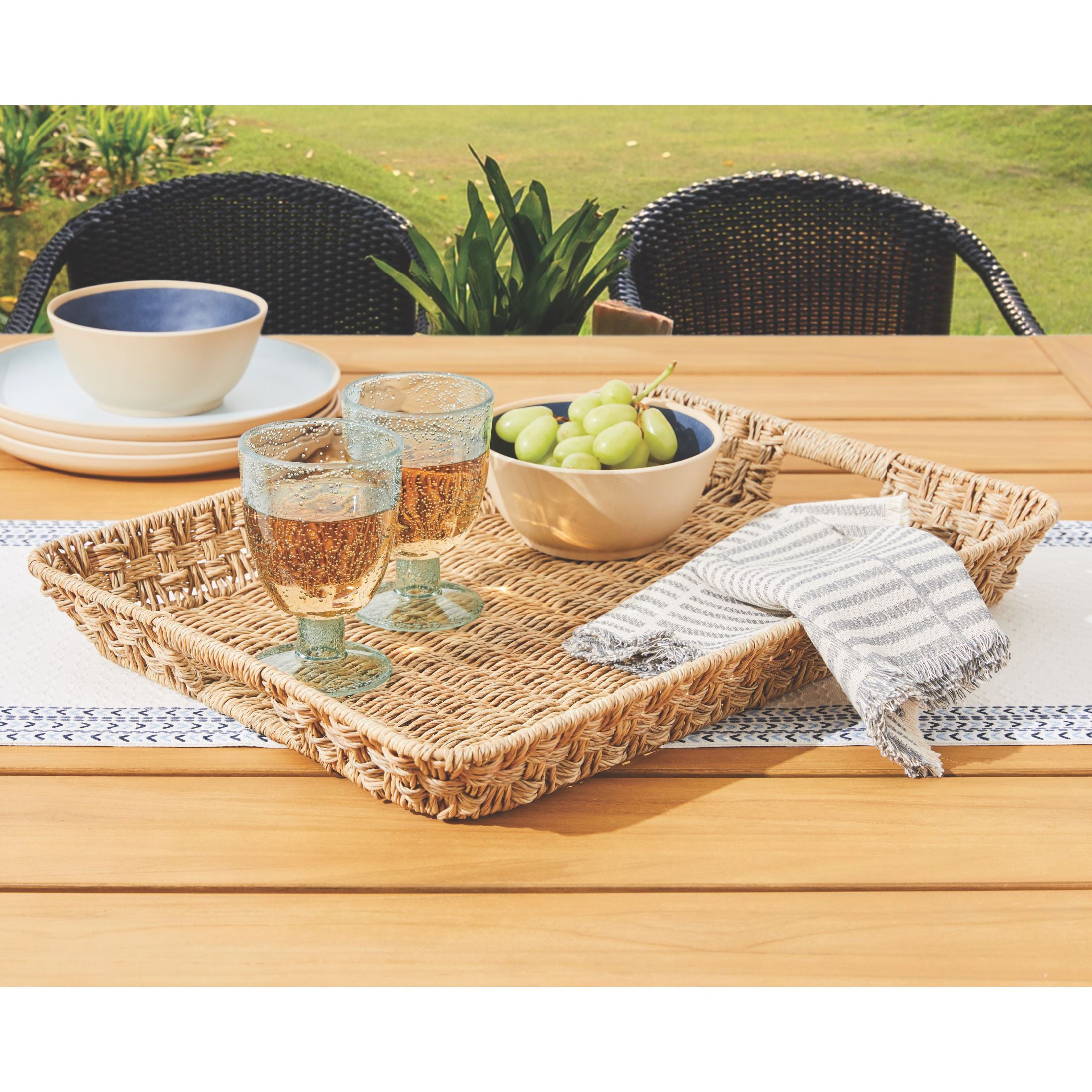 Better Homes and Gardens- Beige Rectangle Rattan Serving Tray， 21x15