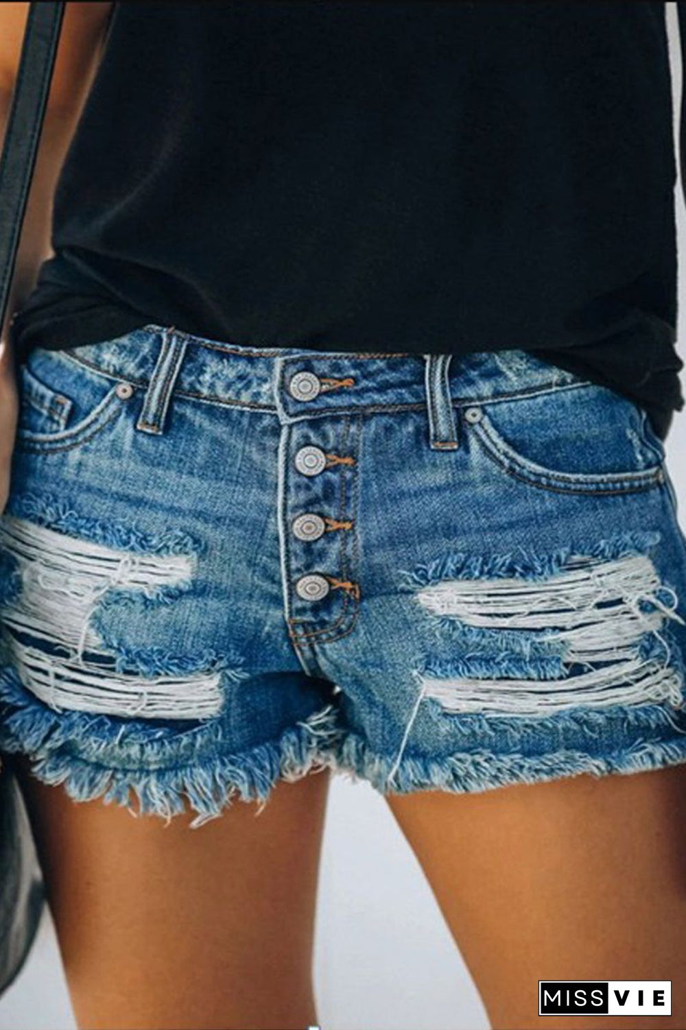 Hole Distressed Mid Wash Denim Shorts