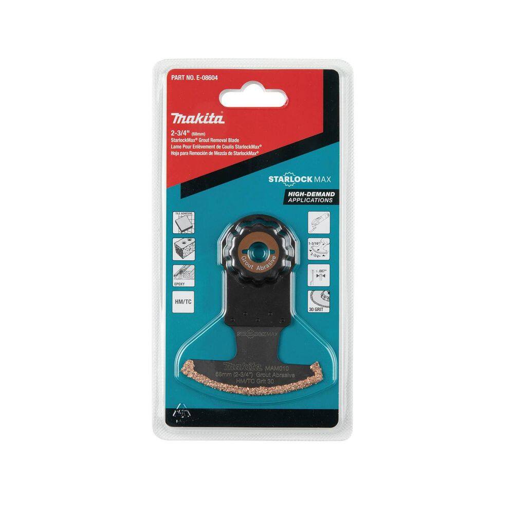 Makita StarlockMax Oscillating Multi-Tool 2-34 in. Hard Metal with Tungsten Carbide 30 Grit Grout and Abrasive Saw Blade E-08604