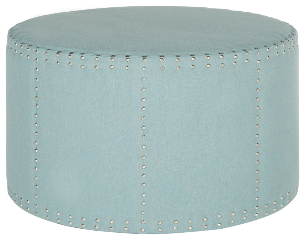 Foster Ottoman Brass Nail Heads Sky Blue   Transitional   Footstools And Ottomans   by Peachtree Fine Furniture  Houzz