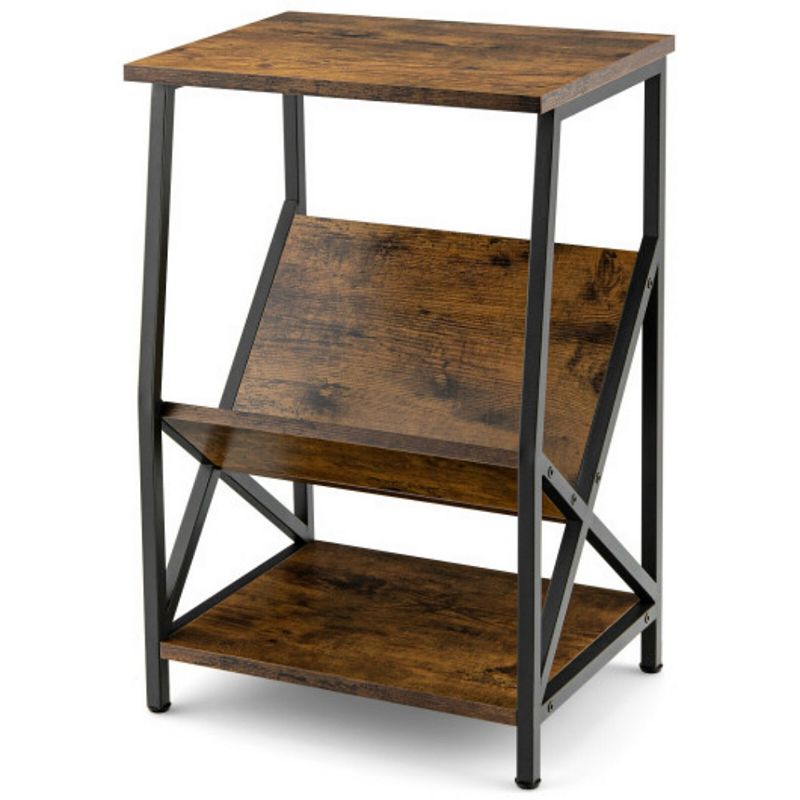 3-Tier Industrial Side Table with V-shaped Bookshelf for Living Room-Rustic Brown