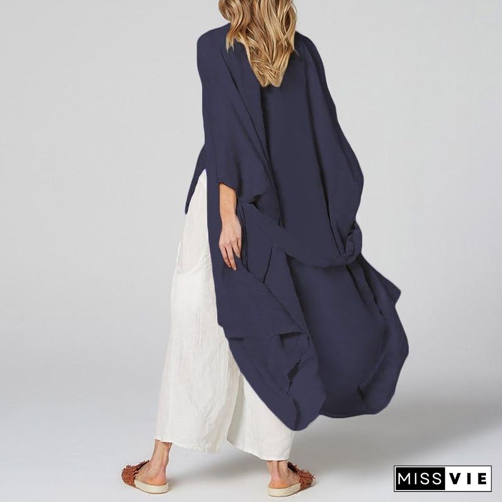 Women Summer Vintage Beach Cover Up Solid Belted Casual Loose Blouse Plus Size Cardigan Kimono Linen