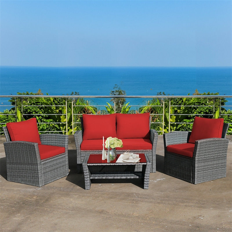 4 Pcs Rattan Patio Sectional Furniture Set with Storage Shelf Table, Cushioned Outdoor Wicker Conversation Sofa Set