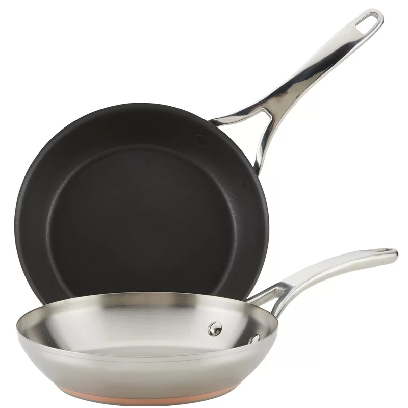 Anolon 77702 Nouvelle Copper Frying / Fry Pan / Skillet Set， 9.5 Inch Stainless Steel and 10.25 Inch Hard Anodized Nonstick