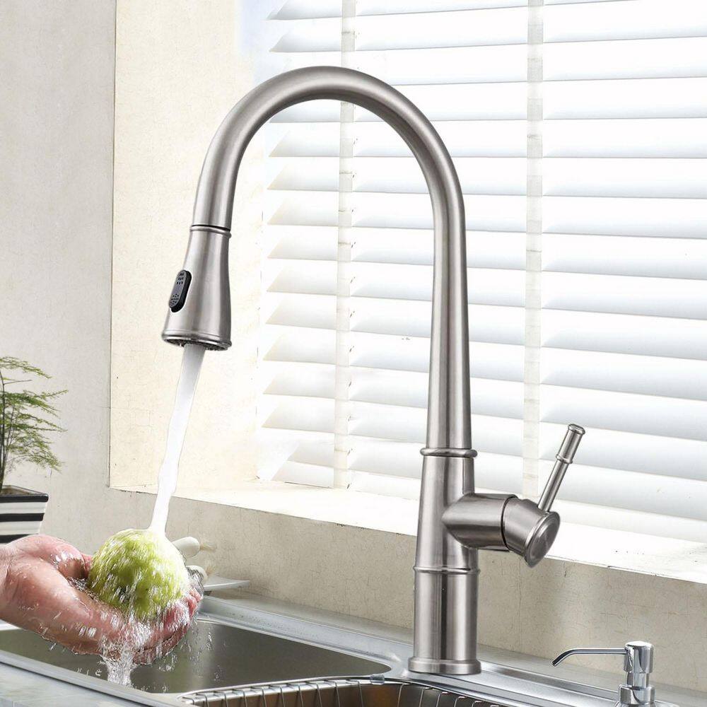 Satico Single-Handle Single-Hole 2-Spray Goose Neck Deck Mount 360-Degree Swivel Pull-Out Kitchen Faucet in Brushed Nickel SCKFDR003