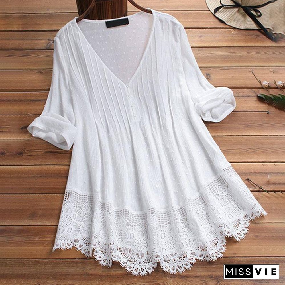 Women's Tunic Shirt Lace White V-neck Long Sleeve Tunics Female Summer Autumn Streetwear Loose Lady Tops Plus Size 5XL