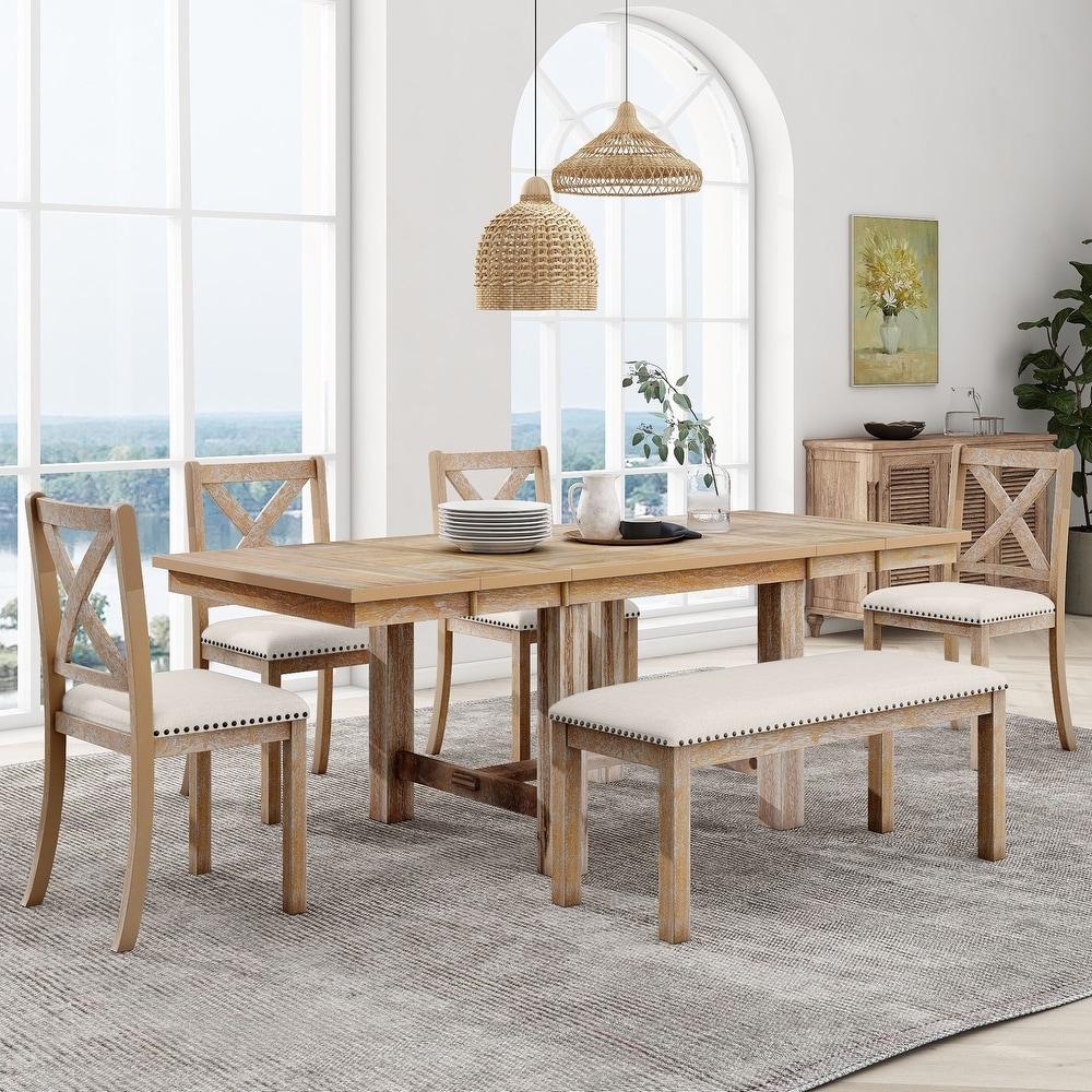 Classic 6 Piece Dining Set with Rectangular Extendable Dining Table and Upholstered Chairs   Bench w/Nailhead  for Dining Room