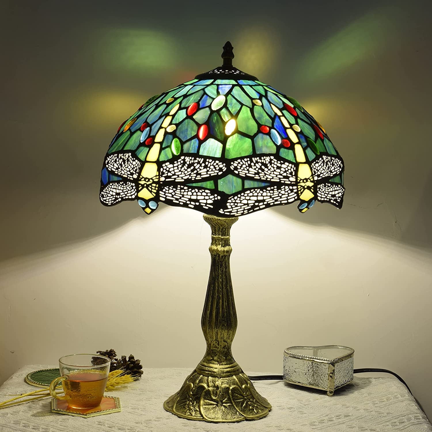 SHADY Tiffany Lamp Stained Glass Lamp Dragonfly Green Bedroom Table Lamp Reading Desk Light for Bedside Living Room Office Dormitory Dining Room Decorate  12x12x18 Include Light Bulb