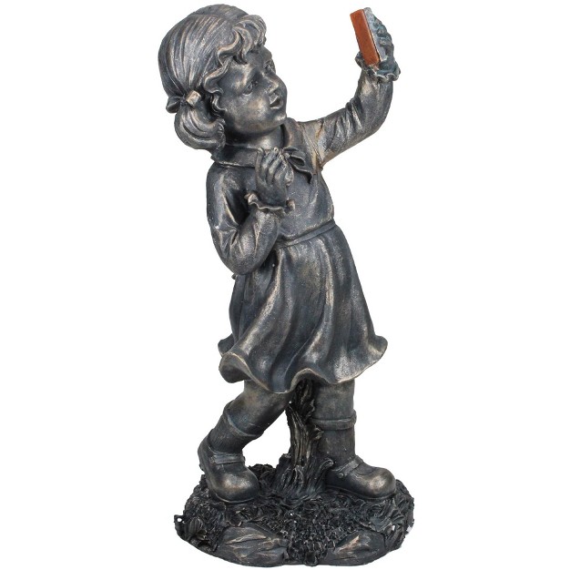 Pre lit Black Solar Powered Led Girl With Cell Phone Outdoor Garden Statue