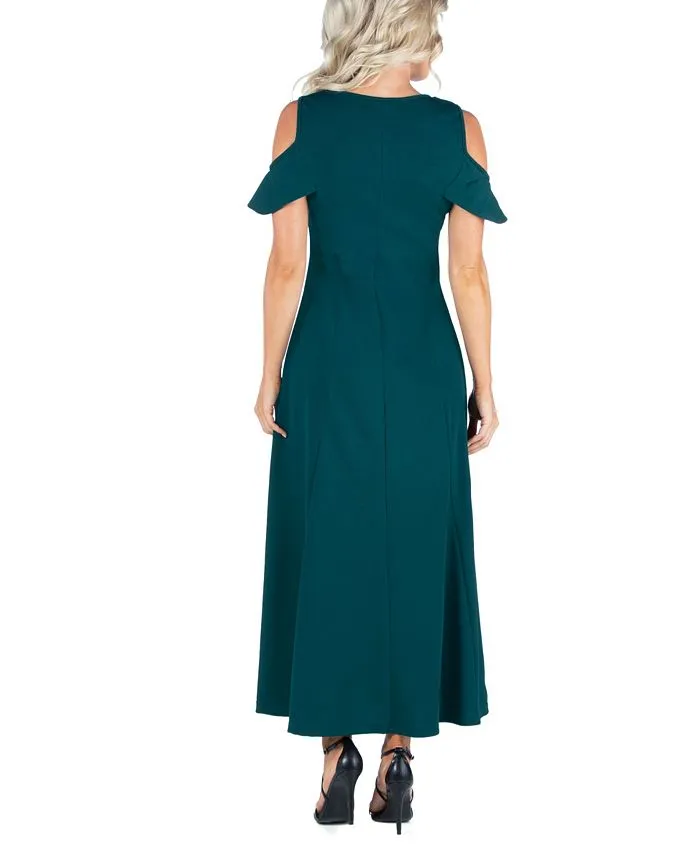 Women's Ruffle Cold Shoulder A-Line Maxi Dress