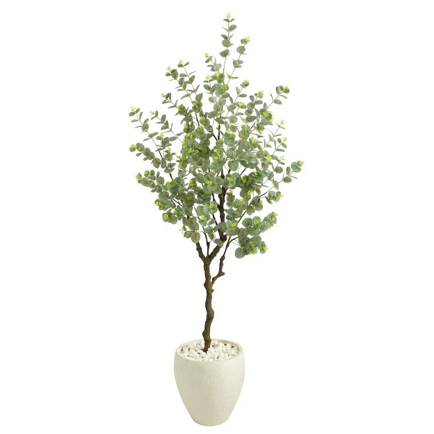 Nearly Natural 63-in Eucalyptus Artificial Tree In White Planter