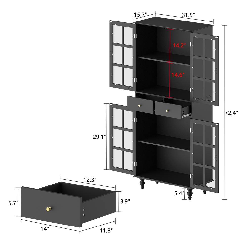 FUFUGAGA 72.4 in. H x 31.5 in W Black Paint Wood 4-Glass Doors Bookcase Bookshelf with Adjustable Shelves and 2-Drawers KF330031-02