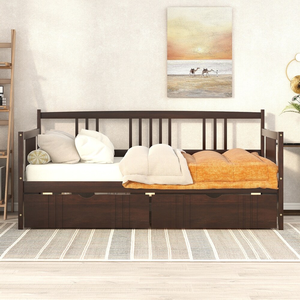 Twin Size Wood Daybed with 2 Storage Drawers and 3 Side Guardrail  Wood Kid's Bed with Wood Slats for Bedroom