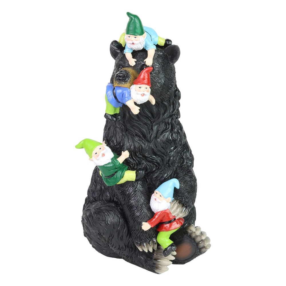 Exhart Bear Garden Statue with Gnomes  Hand Painted  UV Treated Resin  6.5 x 12 Inches