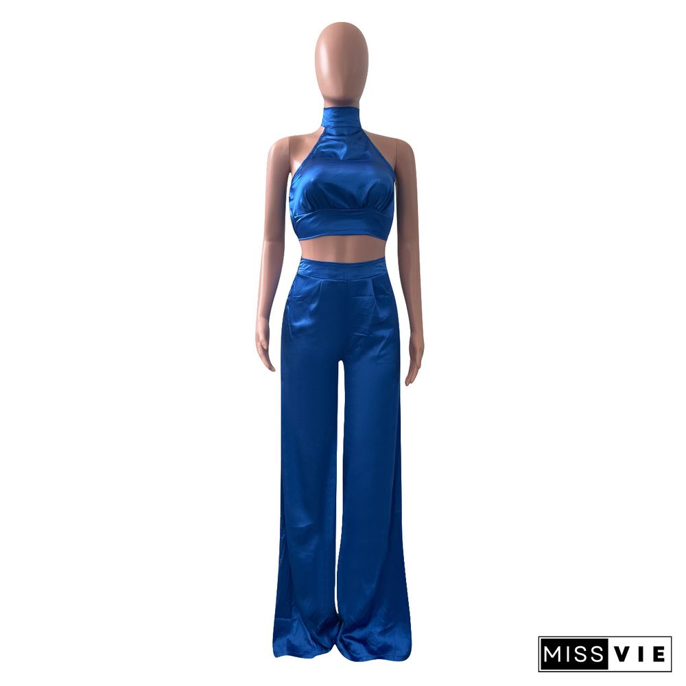 Summer Solid Color Sleeveless Halter Bandage Backless Crop Tops Wide Leg Pants Two Piece Set