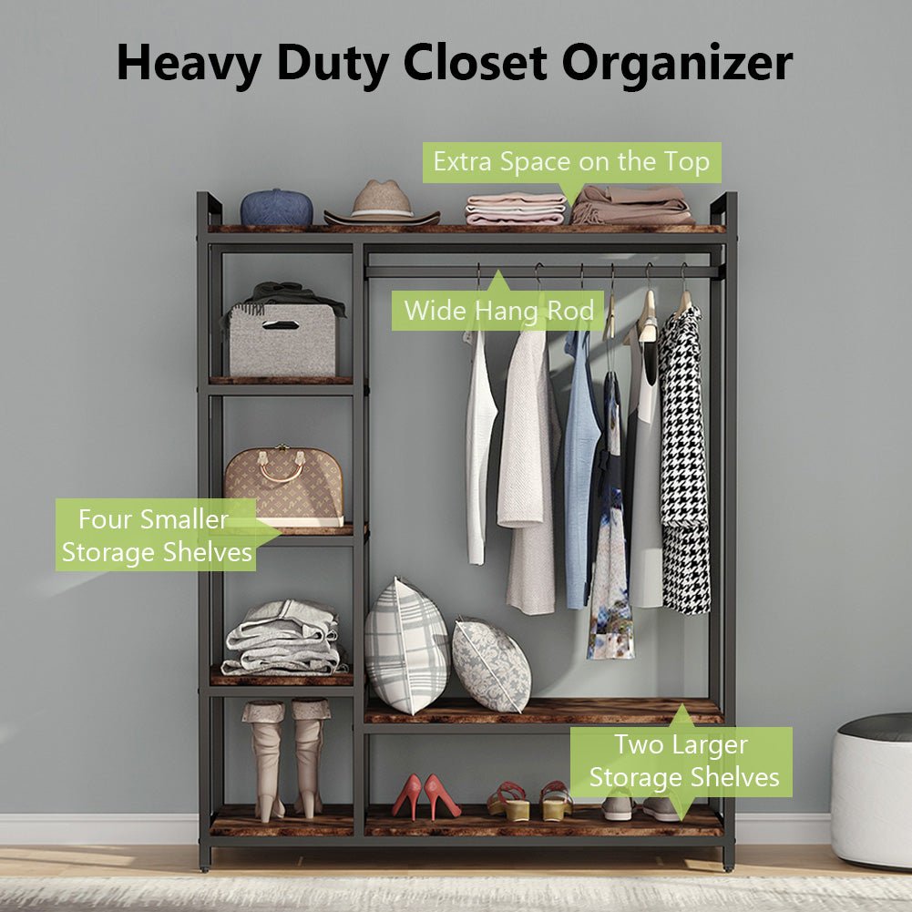 Freestanding Closet Organizer with 6 Shelves and Hanging Bar