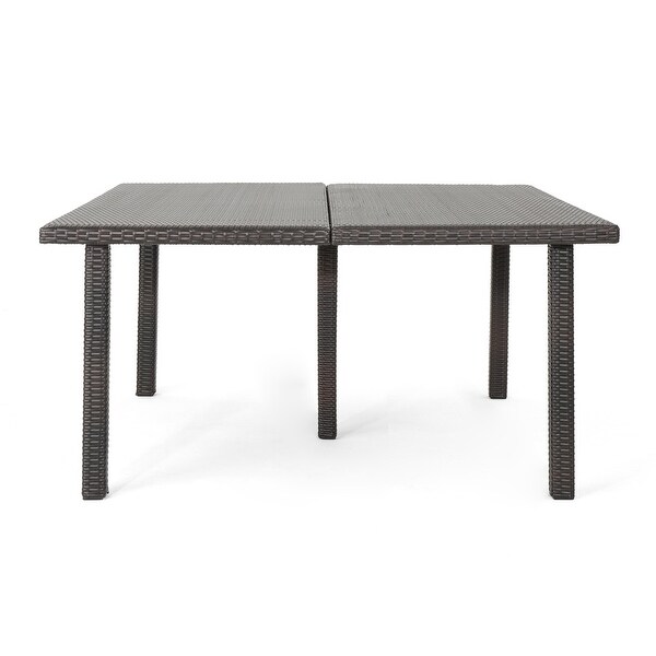 Outdoor 64 Inch Square Dining Table with Wicker Pulled Over an Iron Frame