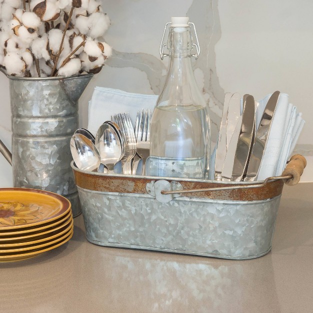 Aged Galvanized Metal Oval Bucket With Handle Gray Stonebriar Collection