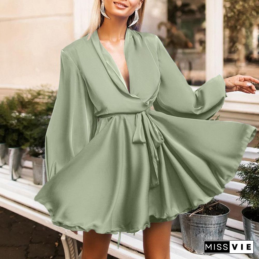 Autumn Women Lantern Long Sleeve Mini Dress V Neck Party Casual Swing Wrap A Line Dress Plus Size