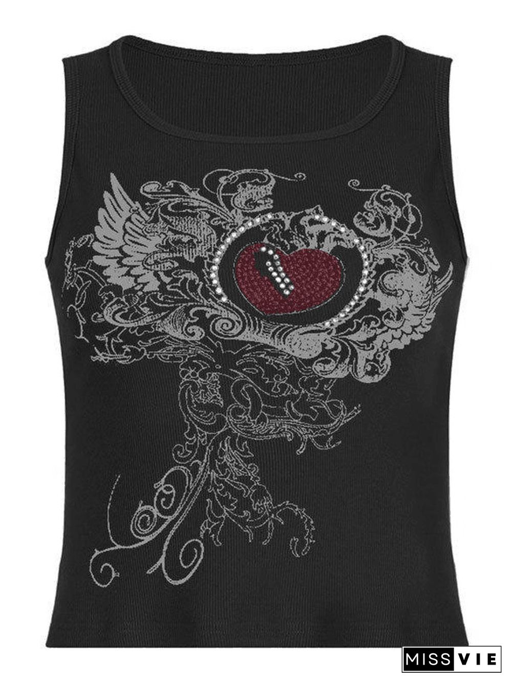 Heart Rhinestone Rib Crop Tank Top