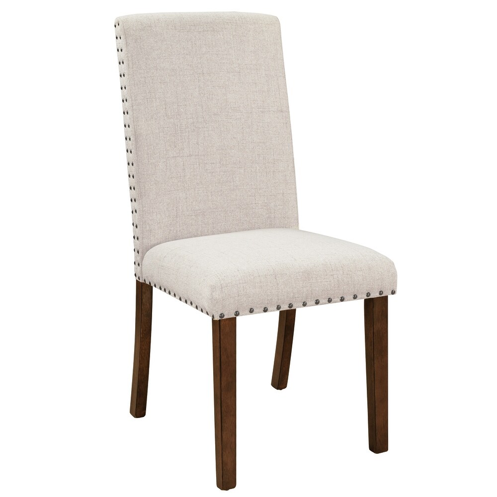 Linen Upholstered Seat Set of 2 Dining Chairs Fabric High back Chairs with Copper Nails   Wooden Legs Perfect for Restaurant