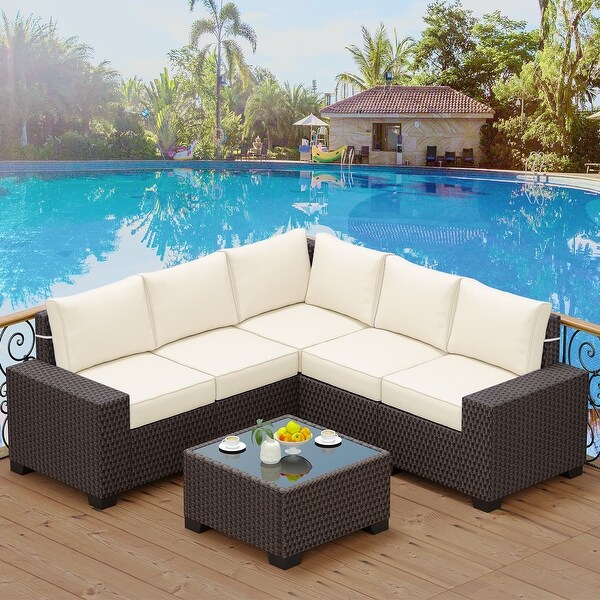 Outdoor Patio Sofa，6 Piece Rattan Furniture Set with Glass Table