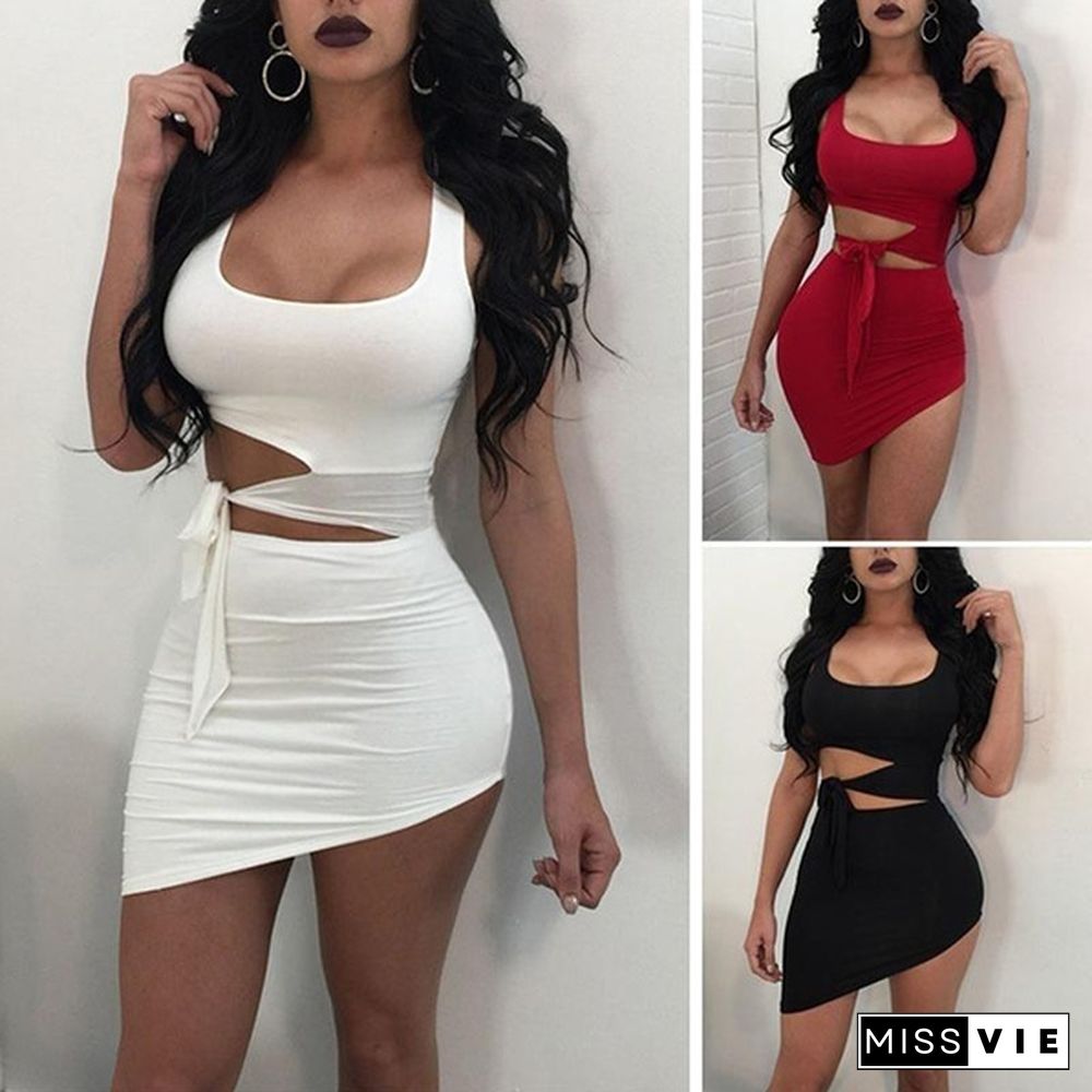 Women Sexy Sleeveless Slip Crop Top Hollow Out Bodycon Irregular Mini Dress