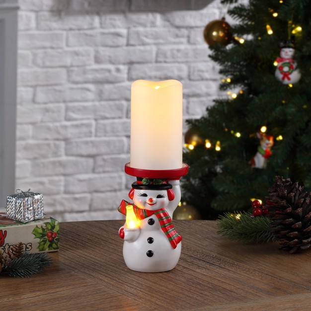 Ceramic Lit Snowman Candle Holder And Flameless Candle