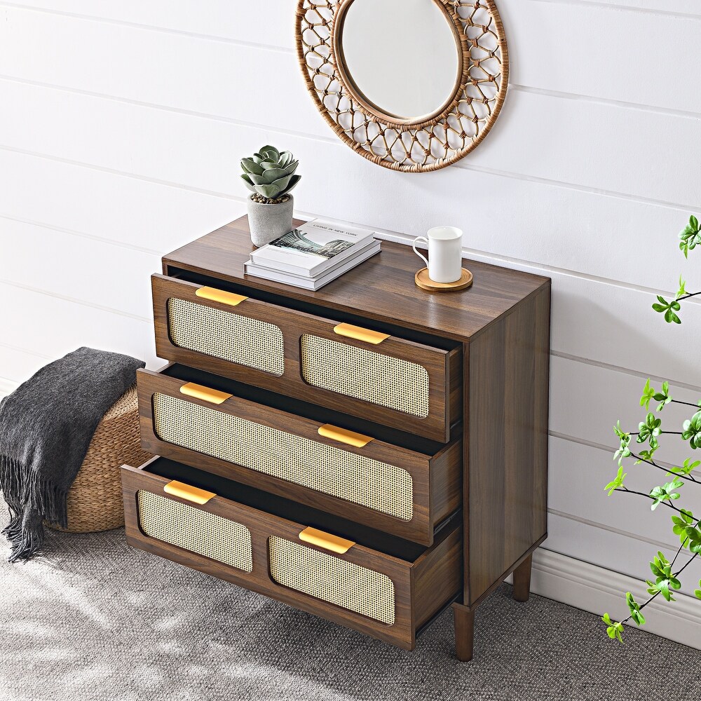 Walnut 6 Drawer Dresser Rattan Door Dresser Chest Storage Sideboard